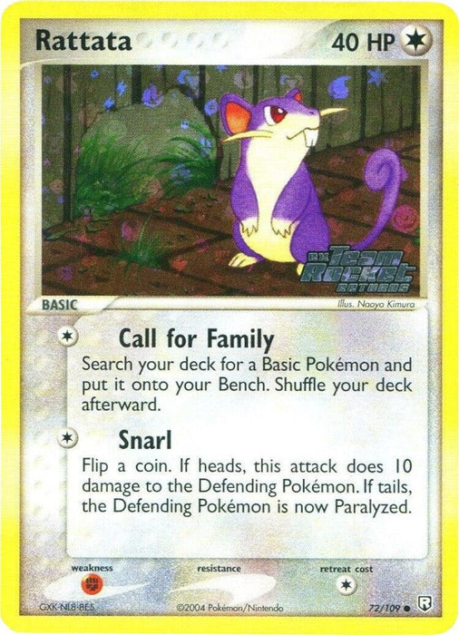 A Pokémon trading card named Rattata (72/109) (Stamped) from the EX: Team Rocket Returns set. This card features Rattata, a small, purple mouse-like creature with a cream-colored face, paws, and underbelly. It boasts 40 HP and two abilities: "Call for Family" and "Snarl." This Common card's artwork is by Naoyo Kimura.