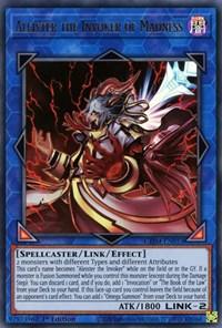A Yu-Gi-Oh! trading card featuring "Aleister the Invoker of Madness [GEIM-EN053] Ultra Rare", a Spellcaster/Link/Effect monster. The character is depicted in ornate, rune-covered armor with glowing red symbols, surrounded by a swirling red aura. Aleister the Invoker of Madness is often paired with Aleister the Invoker to enhance Invocation effects.