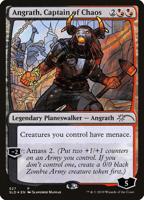 A "Magic: The Gathering" card titled "Angrath, Captain of Chaos (Stained Glass) [Secret Lair Drop Promos]" depicts an armored, minotaur-like figure with glowing eyes, holding a battleaxe. This Legendary Planeswalker gives creatures you control menace and has an Amass ability. With a mana cost of 2 black-red hybrid, it starts with 5 loyalty.