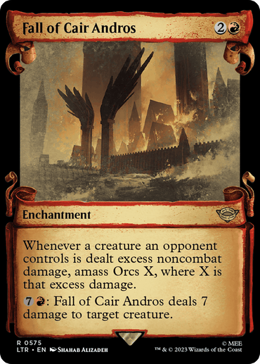 The "Fall of Cair Andros [The Lord of the Rings: Tales of Middle-Earth Showcase Scrolls]" card from Magic: The Gathering showcases a dramatic scene featuring towering, dark structures silhouetted against an orange sky filled with black smoke and ash. It includes text detailing game mechanics related to damage and amassing Orcs, while its borders display weathered, ornamental designs.