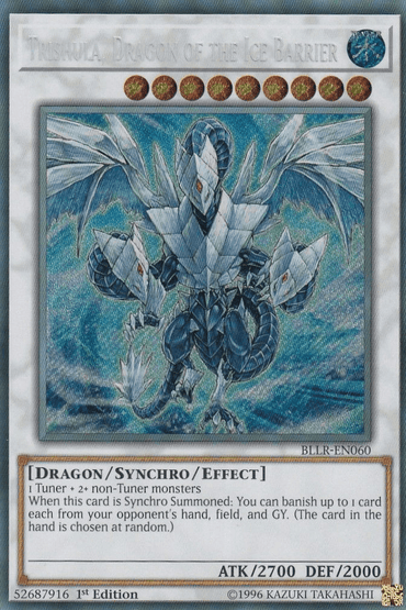 The image features the Yu-Gi-Oh! trading card "Trishula, Dragon of the Ice Barrier [BLLR-EN060] Secret Rare," from Battles of Legend. This Secret Rare Synchro/Effect Monster depicts a majestic blue and white dragon with three heads, surrounded by icy shards. It boasts an ATK of 2700 and DEF of 2000. Card ID is 52687916.