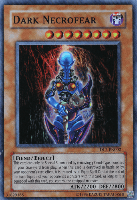 Image of a Yu-Gi-Oh! trading card featuring Dark Necrofear [DL2-002] Super Rare. This Super Rare Effect Monster depicts a menacing, blue-skinned humanoid with exposed circuitry, holding a red spherical object. The background is red and black. Attributes include ATK/2200 DEF/2800, Fiend/Effect, and various special summoning conditions.
