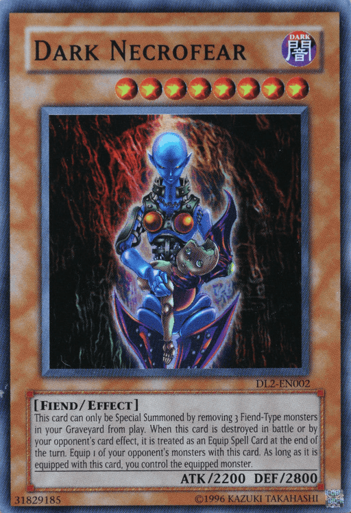 Image of a Yu-Gi-Oh! trading card featuring Dark Necrofear [DL2-002] Super Rare. This Super Rare Effect Monster depicts a menacing, blue-skinned humanoid with exposed circuitry, holding a red spherical object. The background is red and black. Attributes include ATK/2200 DEF/2800, Fiend/Effect, and various special summoning conditions.