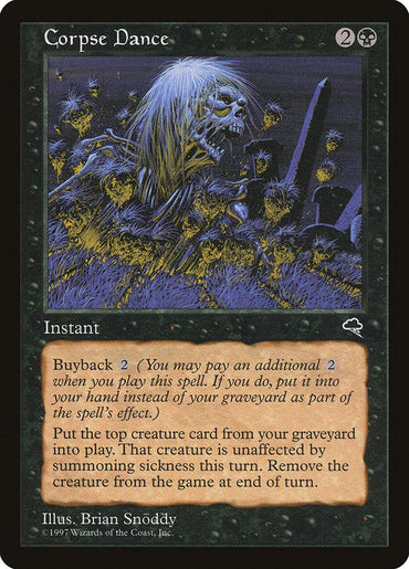 The image is a Magic: The Gathering card titled "Corpse Dance [Tempest]." It features a skeletal figure rising from a grave. The card, with artwork by Brian Snoddy, details its Instant type and includes effects related to reviving Creature cards from the graveyard with the "Buyback" option. Published in 1997.