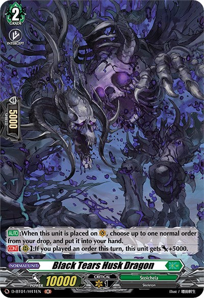 Trading card for "Black Tears Husk Dragon," a Grade 2 unit from Cardfight!! Vanguard: Genesis of the Five Greats, manufactured by Bushiroad. This dragon features a skeletal appearance with glowing purple accents, boasting 10000 power. Its abilities include normal orders, retrieving units from the drop zone, and gaining power when a normal unit is played. Rarity is Holo, identified by product code D-BT01/H41EN.