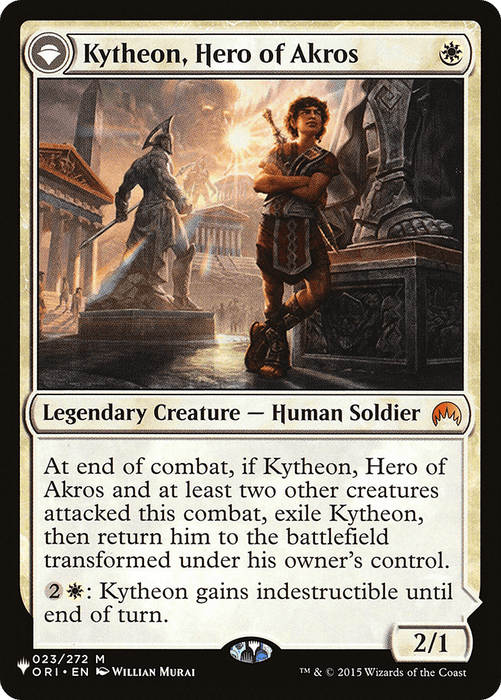 A Magic: The Gathering card titled "Kytheon, Hero of Akros // Gideon, Battle-Forged [Secret Lair: From Cute to Brute]," features an armored, muscular male character holding a spear, standing confidently beside a statue. The text details Kytheon's abilities and stats—he transforms into Gideon under certain conditions, can become indestructible, and has 2/1 power/toughness.