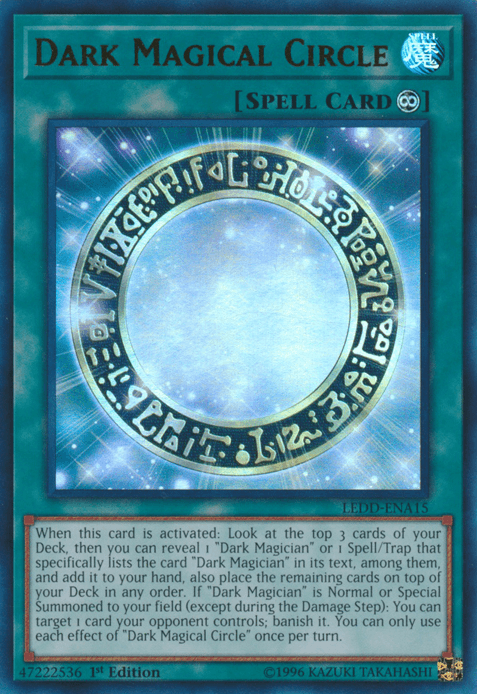 Image of the Yu-Gi-Oh! card "Dark Magical Circle [LEDD-ENA15] Ultra Rare" from the Legendary Dragon Decks. The card, featuring a blue frame indicating it's a spell card, showcases a mystical circular pattern with runes at the center. The text details its effects involving Dark Magician, with a card number at the bottom left.