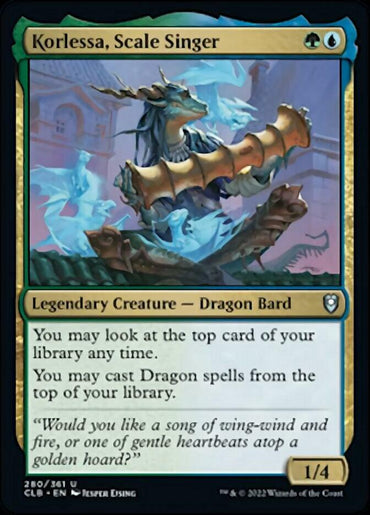 A trading card featuring Korlessa, Scale Singer [Commander Legends: Battle for Baldur's Gate] from Magic: The Gathering, a legendary Dragon Bard with a power and toughness of 1/4. This dragon is depicted holding a magical staff. The card text explains its abilities and includes a flavor text about a song of wing-wind and fire.