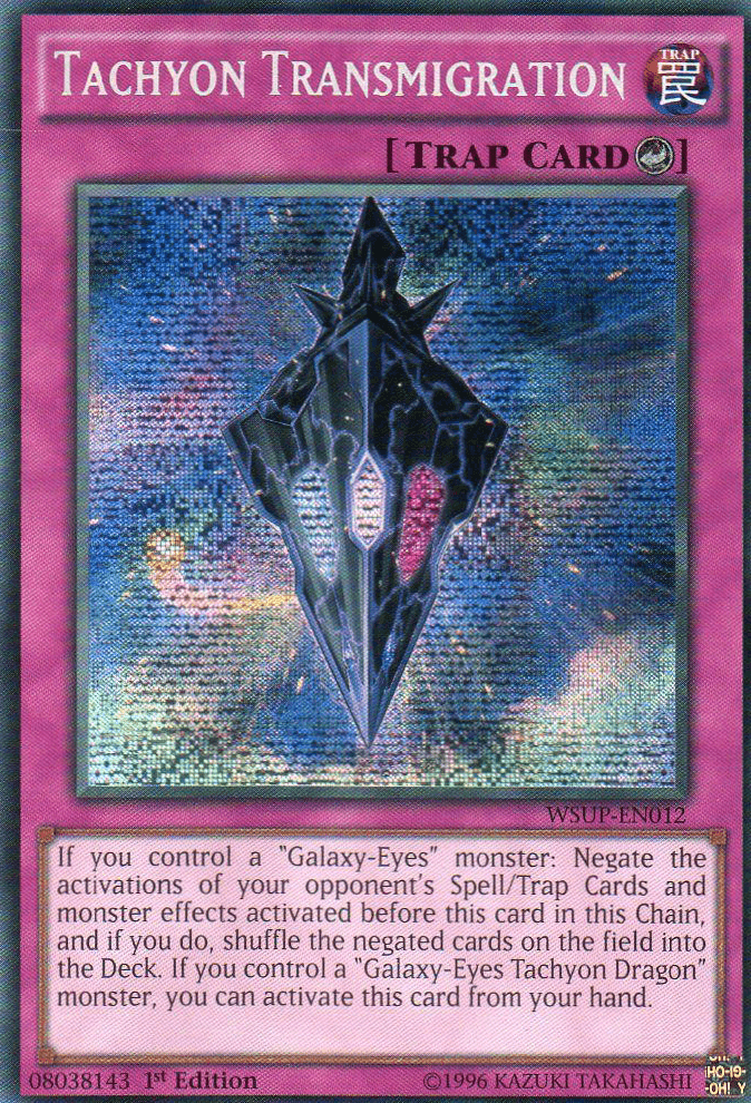 A "Tachyon Transmigration [WSUP-EN012] Secret Rare" Yu-Gi-Oh! trap card featuring a diamond-shaped, black and purple crystal. The card background is a mix of blue and purple hues with sparkles. The top reads "Tachyon Transmigration," with "COUNTER TRAP" underneath. Secret Rare effects relate to Galaxy-Eyes cards.