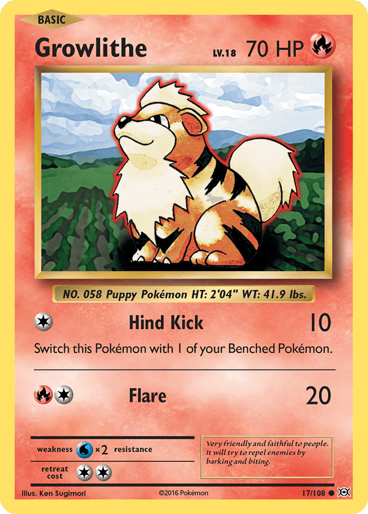 The Growlithe (17/108) [XY: Evolutions] card from the Pokémon set features a striking red and yellow dog-like creature with black stripes in an outdoor setting. This common card shows 