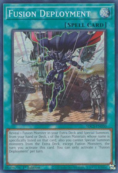 The image features a Yu-Gi-Oh! trading card titled "Fusion Deployment [SDCS-EN030] Super Rare," classified as a Spell Card. The illustration shows a futuristic warrior emerging from a portal, heralding the summoning of a powerful Fusion Monster from your Extra Deck. Text in the description box explains the card's effect, and collector's information is at the bottom.