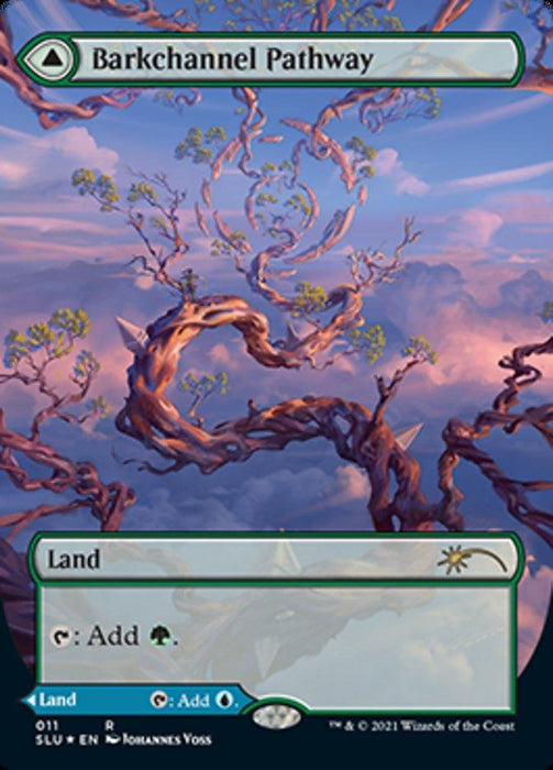 A Magic: The Gathering card titled "Barkchannel Pathway // Tidechannel Pathway (Borderless) [Secret Lair: Ultimate Edition 2]" is shown. The art depicts twisted tree branches reaching skywards, set against a backdrop of a colorful, cloud-filled sky. This rare Land card can be tapped to add either green or blue mana to your mana pool.