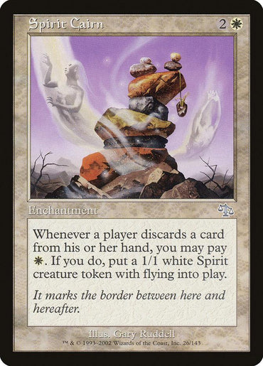 A Magic: The Gathering card titled "Spirit Cairn [Judgment]," illustrated by Gary Ruddell, depicts a mystical cairn of stacked stones with ethereal spirits emerging. This enchantment costs 2 generic mana and 1 white mana, creating a 1/1 flying Spirit creature token whenever a card is discarded.