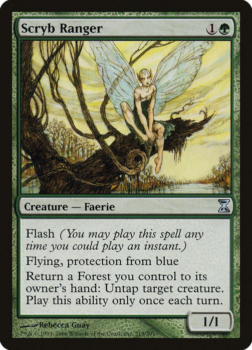 A Magic: The Gathering product named "Scryb Ranger [Time Spiral]" from the Time Spiral set. It has green edges with an illustrated faerie ranger sitting on a twisted tree branch. The faerie, with insect-like wings and a contemplative expression, boasts FlashFlying and protection from blue abilities. It's a 1/1 creature card.