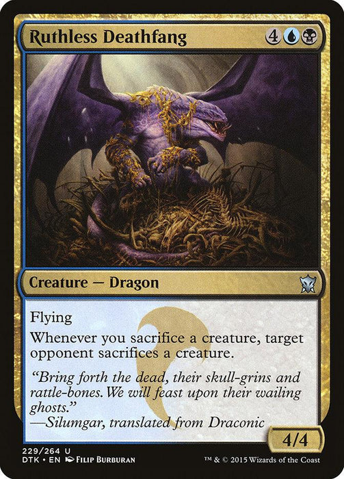 A Magic: The Gathering product titled "Ruthless Deathfang [Dragons of Tarkir]." It depicts a menacing purple dragon with tattered black wings, surrounded by bones and skulls. From the Dragons of Tarkir set, this Creature — Dragon has a mana cost of 4, a blue and a black symbol, power/toughness of 4/4, and an ability related to sacrificing creatures.