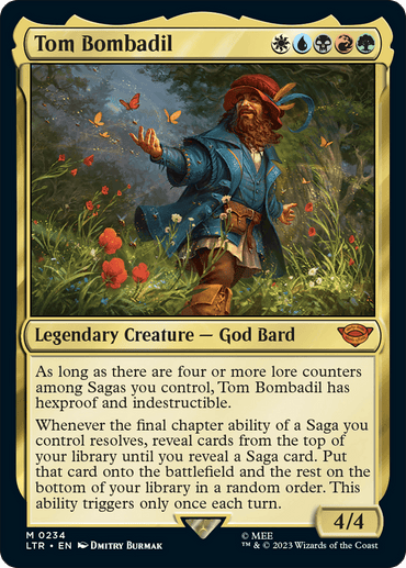 A Magic: The Gathering product titled "Tom Bombadil [The Lord of the Rings: Tales of Middle-Earth]." Tom stands in a field of flowers, a bird on his hand and another on his shoulder. Clad in a blue coat, red hat, and brown boots, this Mythic card details his abilities as a Legendary Creature — God Bard.