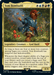 A Magic: The Gathering product titled "Tom Bombadil [The Lord of the Rings: Tales of Middle-Earth]." Tom stands in a field of flowers, a bird on his hand and another on his shoulder. Clad in a blue coat, red hat, and brown boots, this Mythic card details his abilities as a Legendary Creature — God Bard.