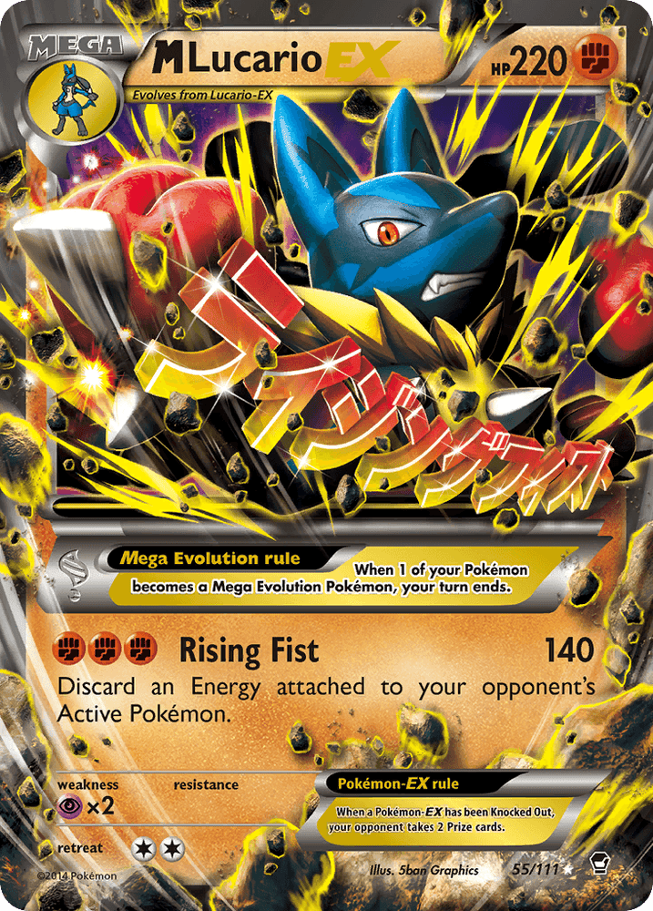 A Pokémon Trading Card depicting M Lucario EX (55/111) [XY: Furious Fists] with 220 HP. The Ultra Rare card showcases M Lucario surrounded by electricity. It has a Mega Evolution rule and an ability called Rising Fist that requires three Fighting energy and deals 140 damage while discarding an energy attached to the opponent's active Pokémon. Numbered 55/111 from the Furious Fists set, it belongs to the popular Pokémon brand.