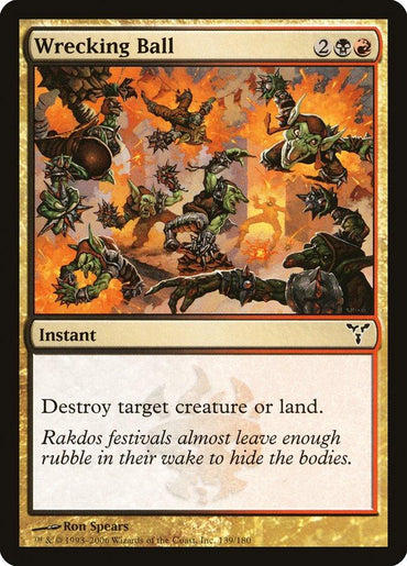 The Magic: The Gathering card "Wrecking Ball [Dissension]" features chaotic goblins amid explosions. Dominated by orange and yellow, this Instant spell can destroy a target creature or land, with the text reading, "Rakdos festivals almost leave enough rubble in their wake to hide the bodies.