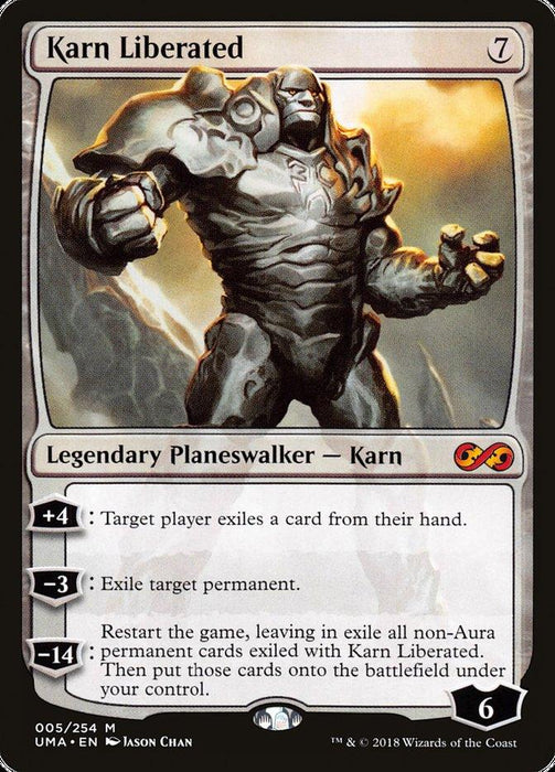 A Magic: The Gathering card from the Ultimate Masters collection, Karn Liberated [Ultimate Masters], illustrates a legendary planeswalker. Karn, a massive silver golem with glowing eyes, requires 7 mana and features abilities such as +4 (exile a card from hand), -3 (exile target permanent), and -14 (restart the game). His loyalty stands at 6.