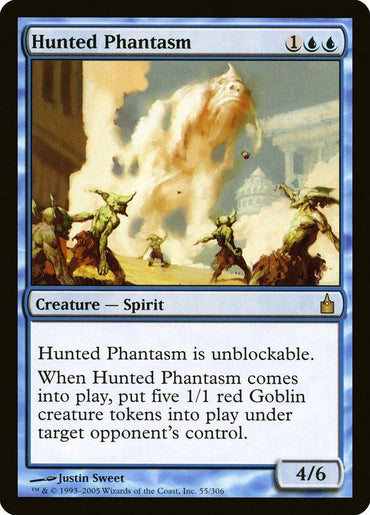 The Magic: The Gathering card "Hunted Phantasm [Ravnica: City of Guilds]" depicts a unique spectral creature accompanied by five small, red Goblin creatures. This "Creature — Spirit" has a power/toughness rating of 4/6 and features distinct game abilities beneath its captivating illustration.