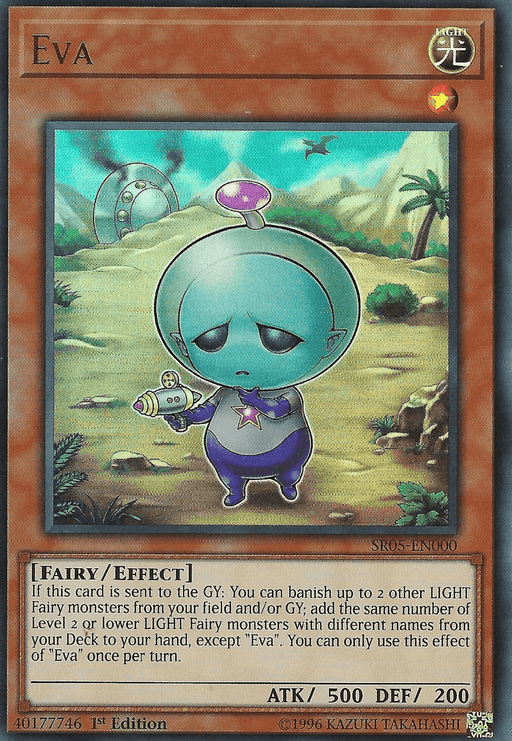 The image depicts the Yu-Gi-Oh! card "Eva [SR05-EN000] Ultra Rare," an Ultra Rare LIGHT Fairy monster. It features a round, blue, extraterrestrial-like creature with an antenna on its head, a white star on its forehead, and large, expressive eyes. It holds a small star-shaped object. The card includes text describing its Fairy/Effect abilities and has an ATK of 500 and DEF