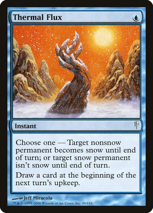 A Magic: The Gathering card titled Thermal Flux [Coldsnap]. It depicts a snow-covered hand rising from a snowy terrain with mountains in the background and a bright sun in the sky. The blue instant spell's effects involve changing the state of snow permanents. Illustration by Jeff Miracola.