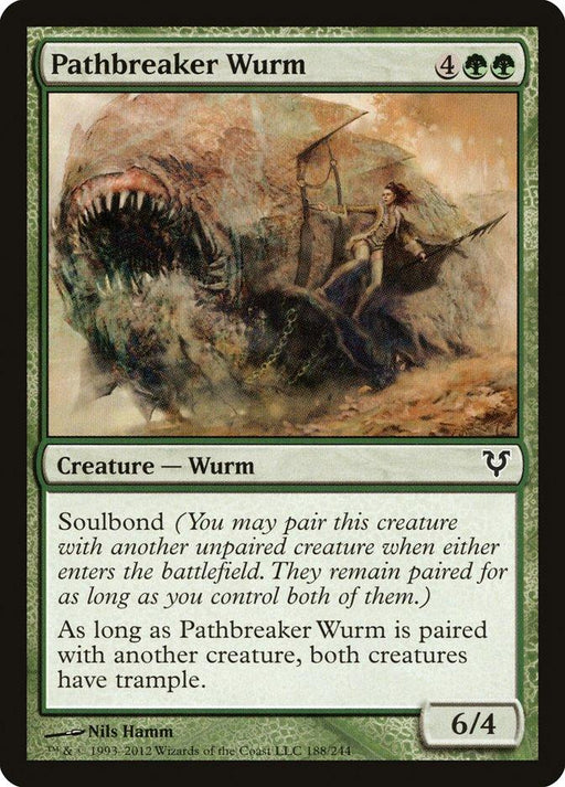 Magic: The Gathering card of "Pathbreaker Wurm [Avacyn Restored]," a creature card with a strength of 6 and toughness of 4. Featuring Trample and the Soulbond ability, this giant, menacing wurm with its rider costs 4 colorless and 2 green mana to summon. Art by Nils Hamm. Card number 188/244.