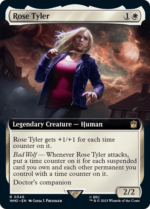 A Magic: The Gathering card called Rose Tyler (Extended Art) [Doctor Who]. This Legendary Creature costs 1 white mana and 1 generic mana to play. It features a blonde woman standing defiantly, wearing a red jacket. The text box describes abilities that give Rose Tyler +1/+1 for each time counter on her and lists her "Bad Wolf" ability. Inspired by Doctor Who, she embodies the enduring spirit of Magic: The Gathering.
