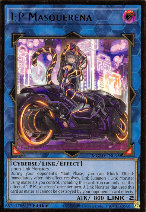 A Yu-Gi-Oh! trading card from Maximum Gold: El Dorado depicting "I:P Masquerena (Alternate Art) [MGED-EN035] Gold Rare," a Cyberse/Link monster with effects on non-Link monsters. The image features a futuristic, armored female character on a high-tech motorcycle, with glowing blue circuits and a dark theme. The card has stats: ATK 800, Link 2.