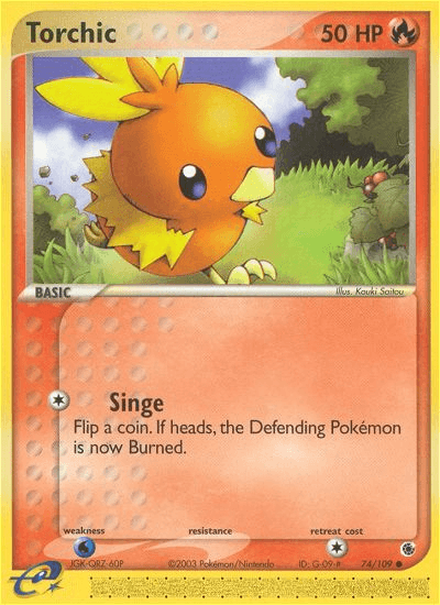 The Torchic card, numbered 74/109 from the Pokémon EX: Ruby & Sapphire series, portrays a 50 HP chick-like fire-type creature with yellow beak and feet. It features the 