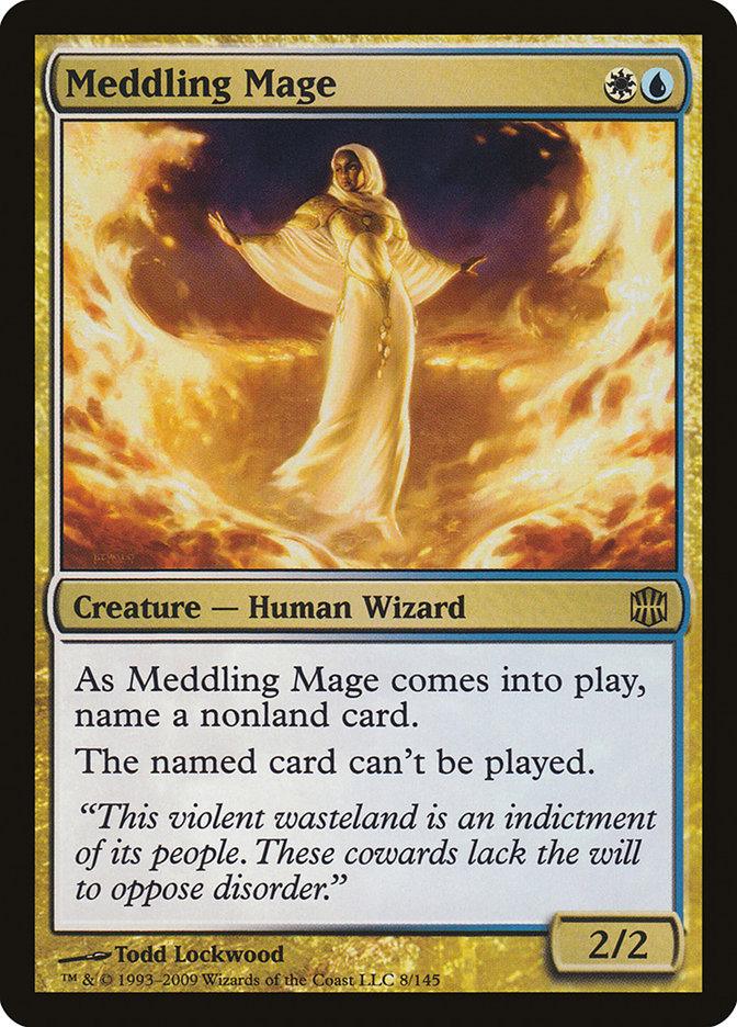 The "Meddling Mage" card from the Alara Reborn set of Magic: The Gathering, beautifully illustrated by Todd Lockwood as card number 8/145, displays a Human Wizard in a glowing robe enveloped by light, and it prevents the play of a chosen nonland card while having a power and toughness of 2/2.