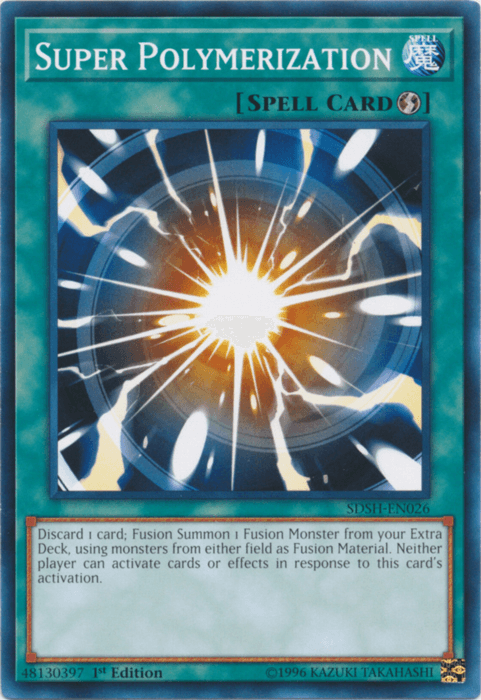 A "Yu-Gi-Oh!" trading card titled "Super Polymerization [SDSH-EN026] Common." The card is a Quick Play Spell and features an image of a bright, explosive light at the center, with rays and shards spreading outward. The card effect text explains that it allows for the Fusion Summon of a monster by discarding a card.