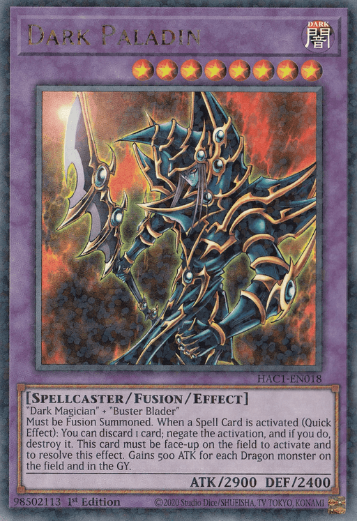 A Yu-Gi-Oh! trading card titled "Dark Paladin (Duel Terminal) [HAC1-EN018] Parallel Rare" from Hidden Arsenal: Chapter 1. This Fusion/Effect Monster features an armored spellcaster wielding a staff with an ornate blade. It has 2900 ATK and 2400 DEF, and is marked as 1st Edition, combining the mystic powers of Dark Magician.