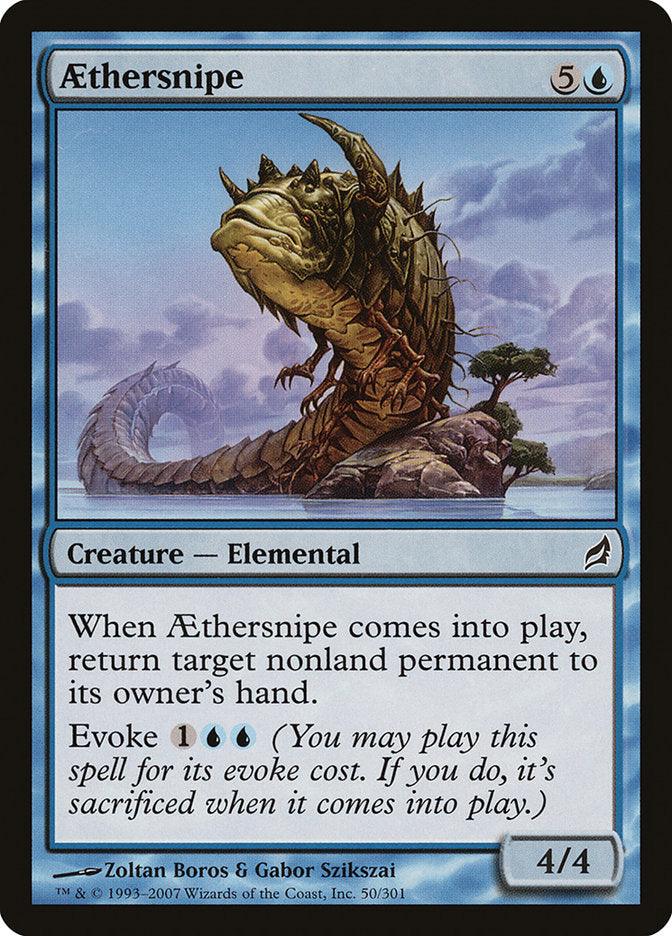 A Magic: The Gathering trading card named "Aethersnipe" from the Lorwyn set. This blue-bordered card depicts an elemental creature resembling a large, spiraled serpent emerging from water. It costs 5U to play and has an ability to return a target nonland permanent, with power/toughness of 4/4.