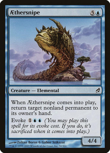 A Magic: The Gathering trading card named "Aethersnipe" from the Lorwyn set. This blue-bordered card depicts an elemental creature resembling a large, spiraled serpent emerging from water. It costs 5U to play and has an ability to return a target nonland permanent, with power/toughness of 4/4.