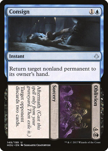 A Consign // Oblivion [Hour of Devastation] card from Magic: The Gathering. This Uncommon card features "Consign" (blue), depicting a figure pulled into darkness and allowing the return of a target nonland permanent to its owner's hand, while "Oblivion" (black) shows a ghostly figure making an opponent discard two cards.