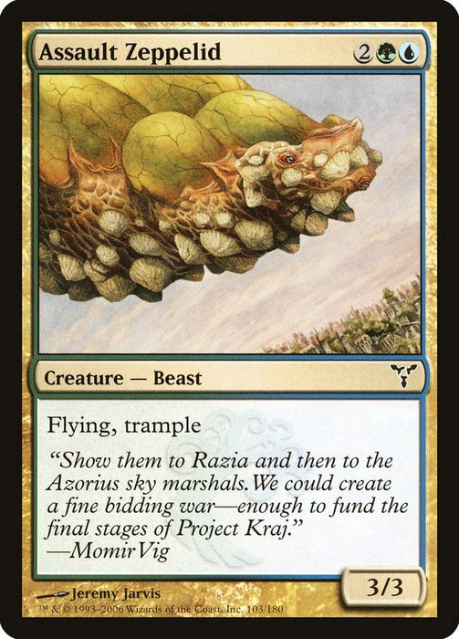 The Magic: The Gathering product "Assault Zeppelid [Dissension]" showcases an airborne Beast that resembles a cross between a zeppelin and a reptile. With blue and green borders, it costs 2 colorless, 1 green, and 1 blue mana to cast, and stands as a formidable 3/3 creature with flying and trample.