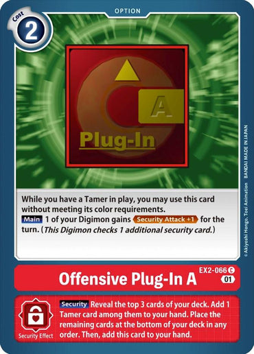 The image showcases a digital game card named "Offensive Plug-In A" from the Digimon series, costing 2 and identified by card number EX2-066. It displays an illuminated plug-in icon with an "A." This card enhances your Digimon's Security Attack by +1 while its Security effect reveals the top cards, capturing the excitement of Digital Hazard.