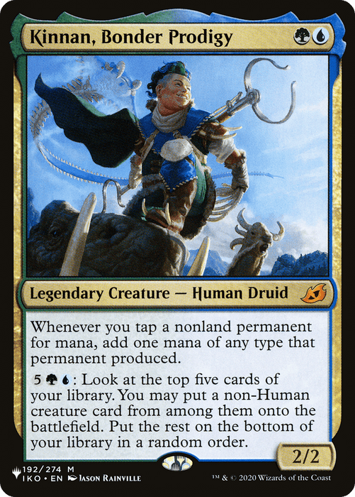 A Magic: The Gathering card titled "Kinnan, Bonder Prodigy [Secret Lair: From Cute to Brute]." It features a young boy in blue and gold, standing triumphantly on an armored beast. Text describes his abilities and stats as a Legendary Creature - Human Druid with a power/toughness of 2/2. It has elaborate mana usage instructions.