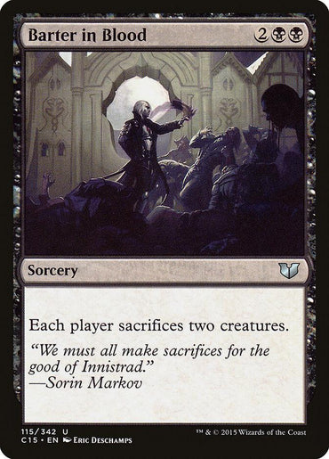 The Magic: The Gathering card "Barter in Blood [Commander 2015]" features a shadowy sorcerer in a Gothic hall with dark architecture, commanding each player to sacrifice two creatures.