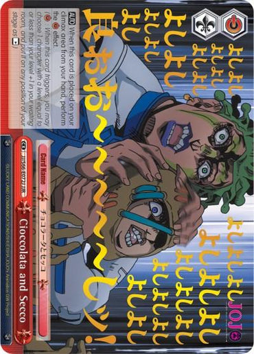 A vibrant Cioccolata and Secco (JJ/S66-E072J JJR) [JoJo's Bizarre Adventure: Golden Wind] card from the Bushiroad JoJo's Bizarre Adventure Trading Card Game. The card features a distorted, swirling image of two men in a dynamic pose, overlaid with repeated text in Japanese characters. Text boxes and logos on the left detail the card's abilities and information, reminiscent of Golden Wind chaos.