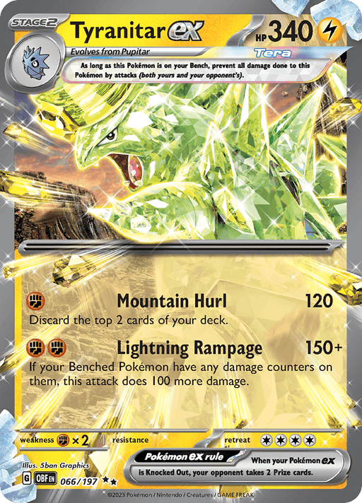 A Pokémon TCG card from the Scarlet & Violet: Obsidian Flames series features Tyranitar ex (066/197), a Stage 2 Tera type with 340 HP. The predominantly green card showcases Tyranitar in an action pose, with moves like Mountain Hurl and Lightning Rampage. It's a Double Rare with rarity number 066/197, evolving from Pupitar.