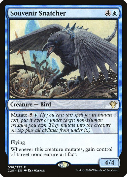 A Souvenir Snatcher [Commander 2020] Magic: The Gathering card. It features a black crow perched atop a pile of artifacts. This 4/4 creature can mutate for a cost, gaining control of a non-human artifact upon mutation, and it has flying. Artwork by Kev Walker, © 2020 Wizards of the Coast.