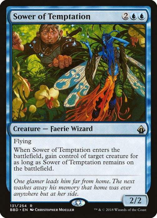 A Magic: The Gathering card titled "Sower of Temptation [Battlebond]" with blue attributes, from the Magic: The Gathering set. It shows a Faerie Wizard with wings, surrounded by a colorful, mystical forest. The text describes its abilities: "Flying. When Sower of Temptation enters the battlefield, gain control of target creature as long as Sower of Temptation remains on the battlefield.