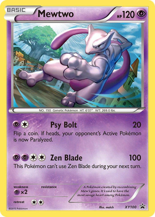 A Pokémon trading card featuring Mewtwo (XY100) [XY: Black Star Promos] by Pokémon. The card displays Mewtwo in a dynamic pose with an otherworldly background. As part of the Black Star Promos, it has 120 HP and abilities "Psy Bolt" and "Zen Blade." The card details include height, weight, weaknesses, retreat cost, and note that Mewtwo is a genetically recombined Psychic Pokémon.