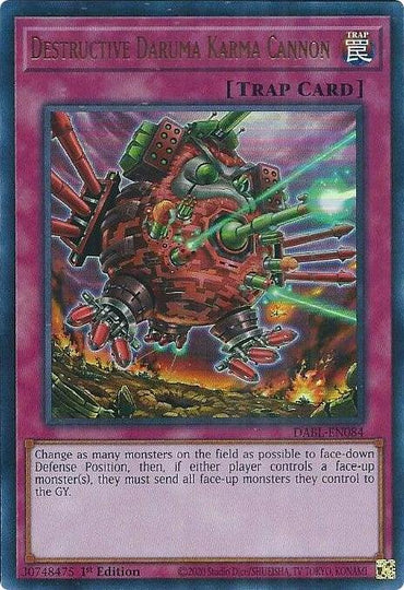 A Yu-Gi-Oh! product named "Destructive Daruma Karma Cannon [DABL-EN084] Ultra Rare." It features an image of a mechanical, daruma doll-shaped machine firing multiple green lasers around it. The background has a chaotic, explosive look, fitting for its Ultra Rare status in the Darkwing Blast set.