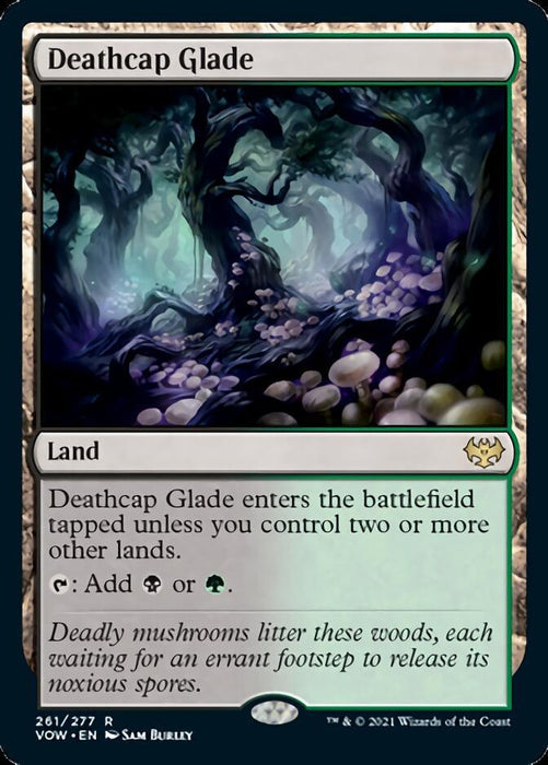 An image of the Deathcap Glade [Innistrad: Crimson Vow] Magic: The Gathering card. This rare land card depicts a dark, mystical forest with winding pathways and glowing mushrooms. The text reads, "Deathcap Glade enters the battlefield tapped unless you control two or more other lands. {T}: Add {B} or {G}.