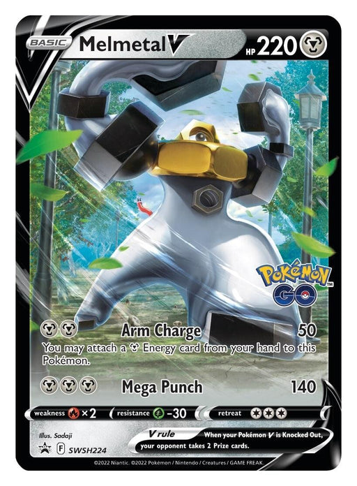 A Pokémon card featuring Melmetal V (SWSH224) [Sword & Shield: Black Star Promos] from the Pokémon series with 220 HP. The card shows Melmetal in a dynamic pose, surrounded by green leaves and a forest background. As part of the Black Star Promos, it details two moves: "Arm Charge" dealing 50 damage and "Mega Punch" dealing 140 damage.