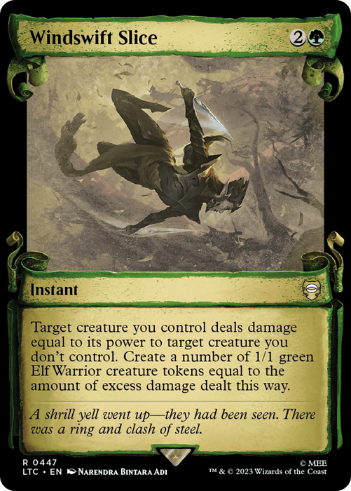 A fantasy trading card titled "Windswift Slice [The Lord of the Rings: Tales of Middle-Earth Commander Showcase Scrolls]," with detailed artwork of an elf warrior leaping through the air, wielding two swords. The card details an instant spell costing 2 and 1 green mana, dealing damage and generating Elf Warrior creature tokens. Flavor text and credits included, inspired by Magic: The Gathering.